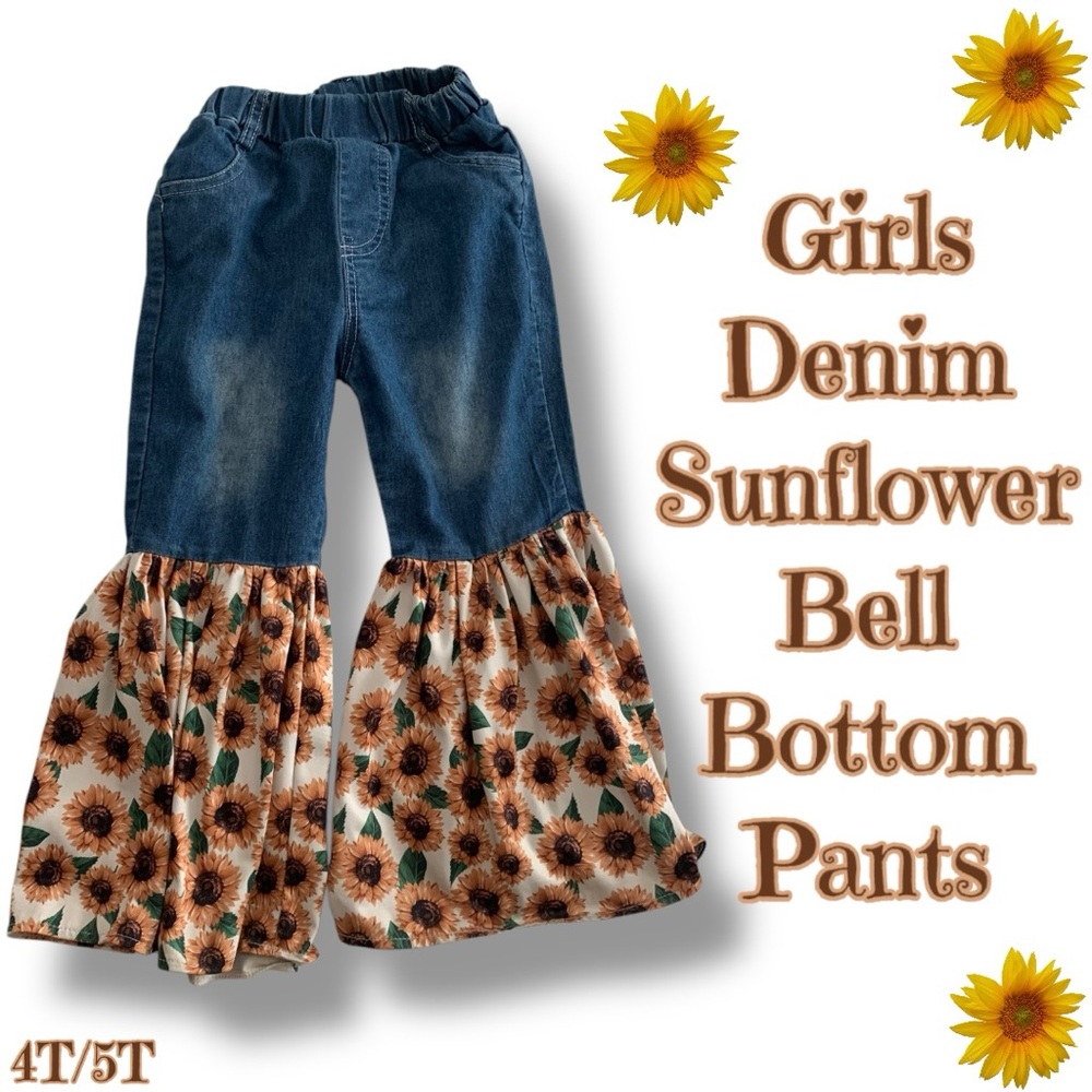 Girls Denim Sunflower Bell Bottom Pants – Boho Western Style